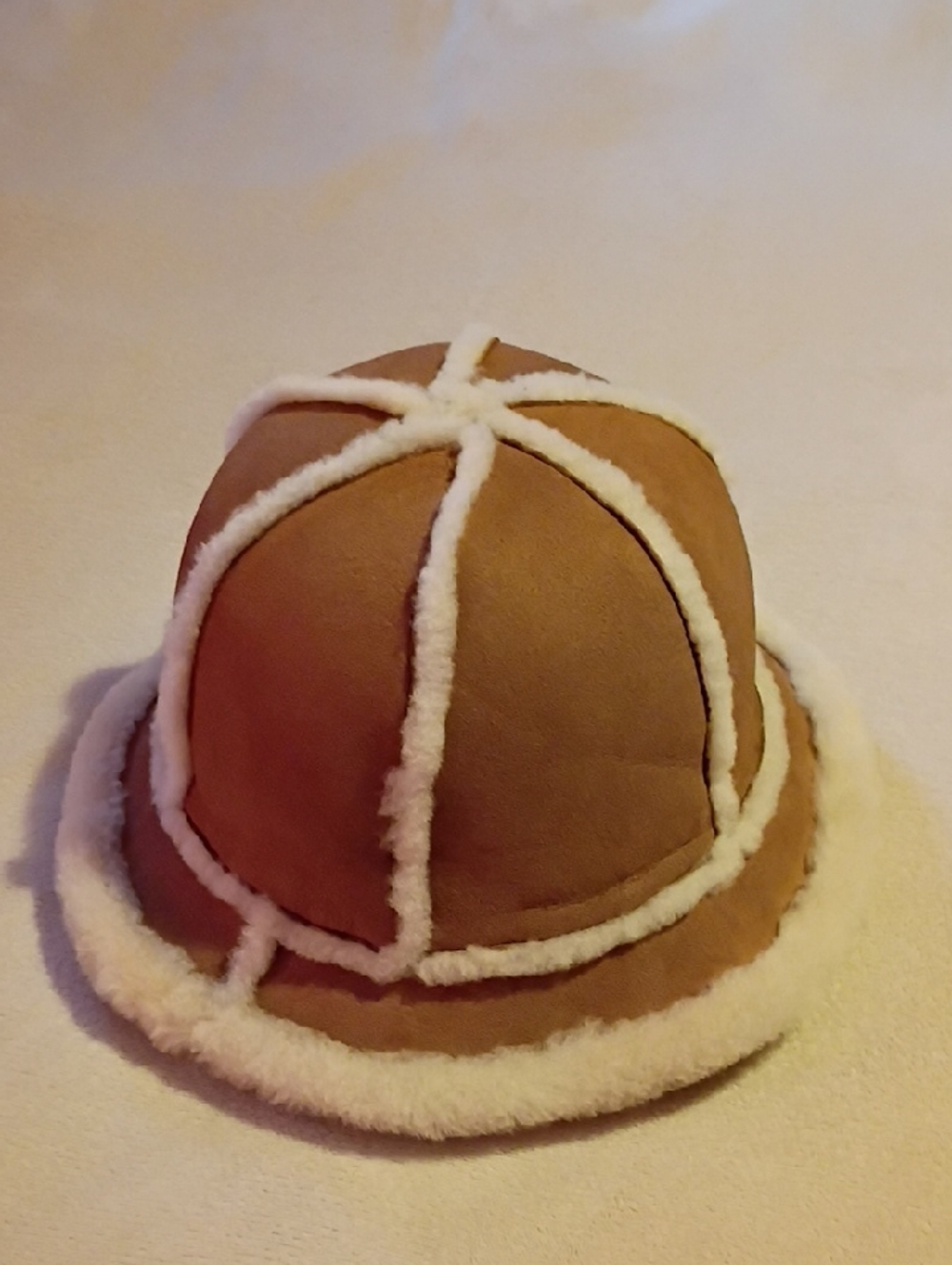 UGG Tan Faux Suede Hat with White Sherpa Trim